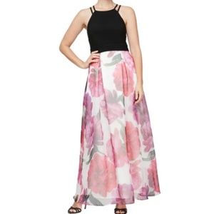 NWT SLNY Long Organza Ivory and Multi Color Maxi Dress with Self Belt - Size 12